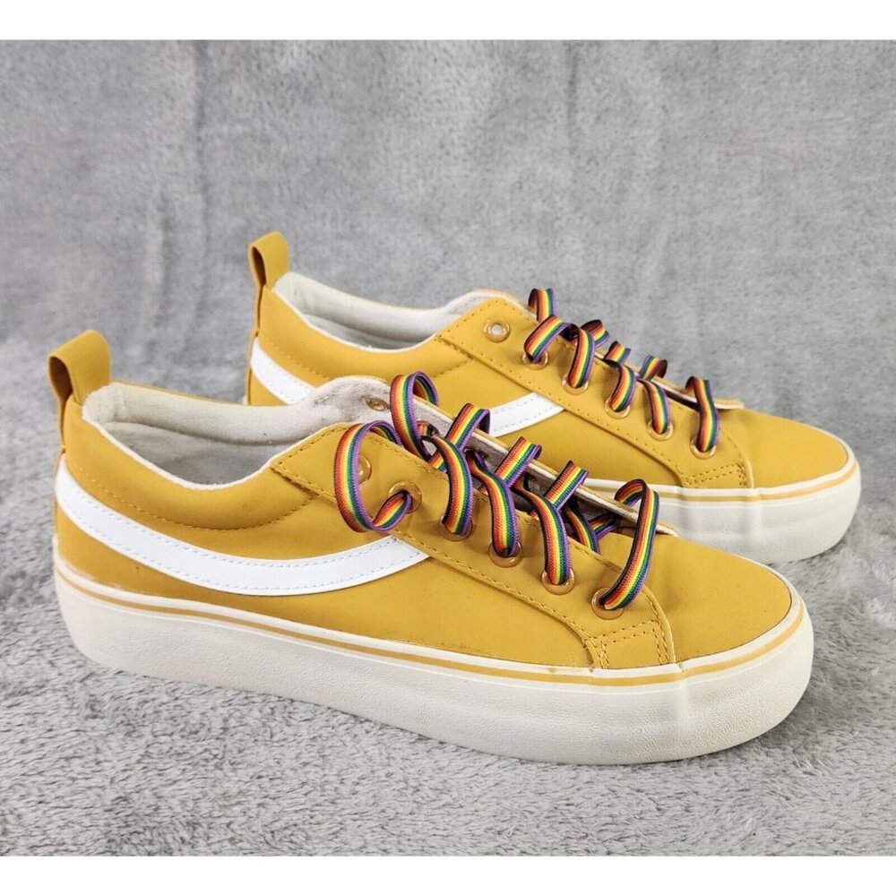 Primark Shoes Womans Size 7 Yellow Synthetic Casual Rainbow Lace Up Sneakers